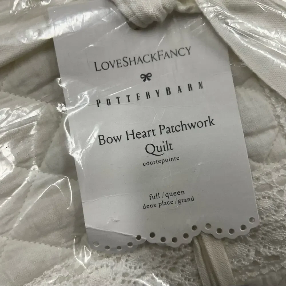LoveShackFancy Bow Heart Patchwork Quilt Full / Queen Bedding White NWT